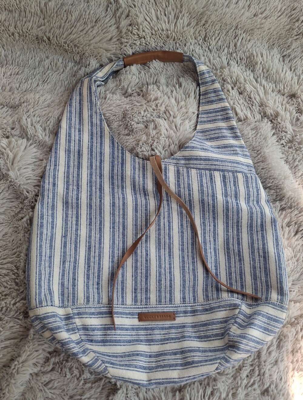 Lucky Brand Blue and Off White Striped Hobo Bag with Leather Accents